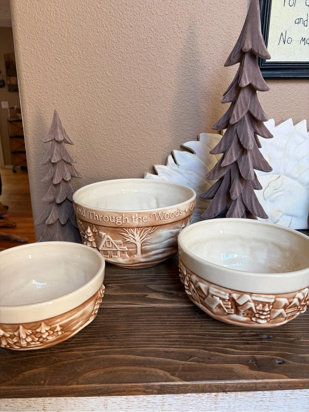 THT Designs Over The River Through Ceramic Bowls Set of 3 & Flocked Brown Trees